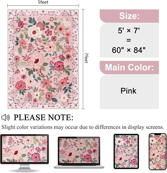 DUKINO 5x7 Area Rug, Nursery Floral Rugs for Living Room, Lightweight Non Slip Washable Rug, Indoor Low Pile & Non-Shedding Boho Design Rugs for Girls Bedroom, Kids Playroom, Dining Room, Pink