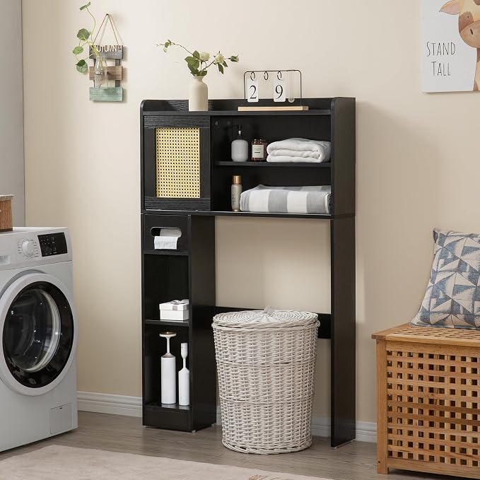 SUNTAGE 6Tier Over The Toilet Storage Cabinet, Freestanding Above Toilet Space Saver Rack w/Adjustable Shelves, Sliding Door, Multifunctional Over Toilet Organizer for Bathroom (Black)