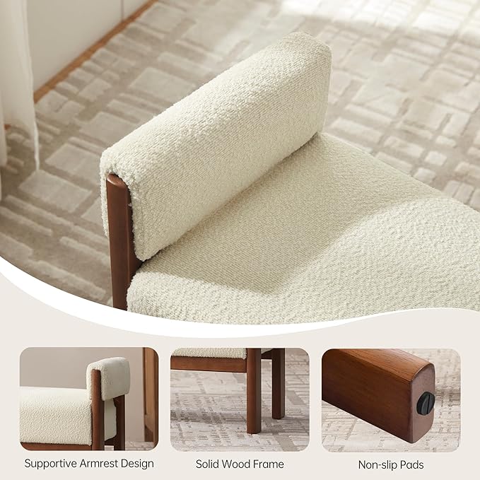 VKNOW End of Bed Bench, 51.8” Upholstered Bedroom Bench Indoor Bench with Solid Wood Frame, Modern Entryway Bench with Arms for Bedroom Living Room, Beige