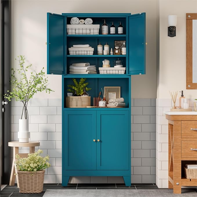 Bevivog Tall Pantry Cabinet with Microwave Shelf, 69" Metal Storage Cabinet with 4 Doors and Adjustable Shelves,Freestanding Metal Kitchen Hutch Cabinet, Blue Pantry Closet Storage Shelves with Doors