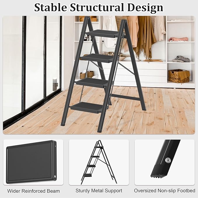 DIAMONDFORGE 4 Step Ladder, Folding Step Stool with Anti-Slip Wide Pedal, Anti-Slip Feet, Sturdiest Steel Construction, Steel Ladder for Home and Office, Black