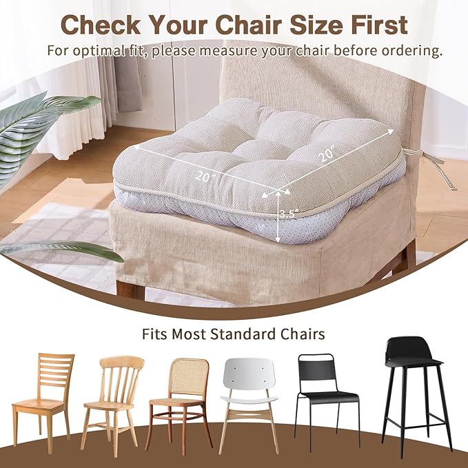BETU Chair Cushions for Dining Chairs,3.5" Thick Kitchen Table Chair Pads with Ties,Non Slip Backing and Covers,Seat Cushion for Dining Room,Bar,Patio Chairs,20"X20"X3.5"