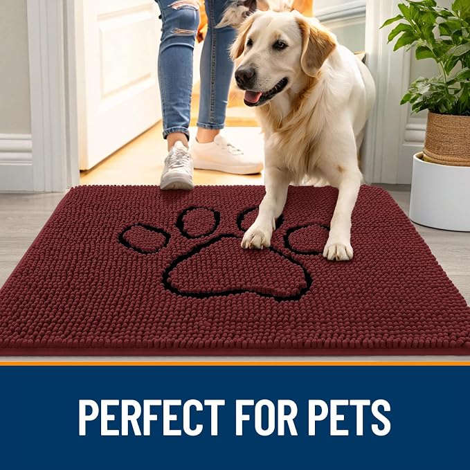 OLANLY Dog Door Mat for Muddy Paws 30x20, Paw Print Design, Absorbs Moisture and Dirt, Absorbent Non-Slip Washable Doormat, Quick Dry Chenille Mud Mat, Entry Indoor Entryway Carpet, Caramel Russet