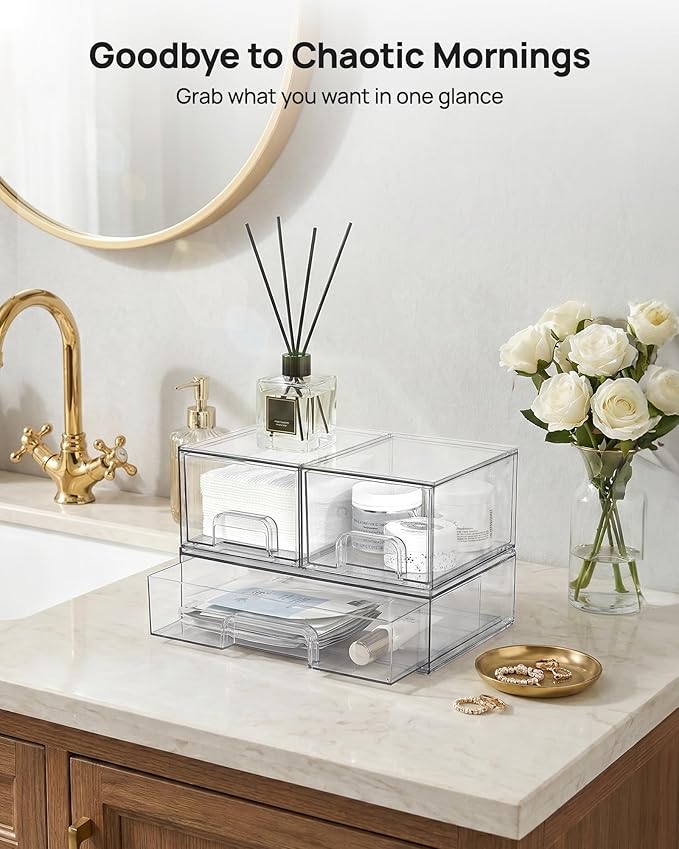 Vtopmart Stackable Storage Drawers Set of 4, Clear Plastic Organizer Bins for Bathroom Supplies,Ideal for Cabinet,Pantry,Laundry Room Organization