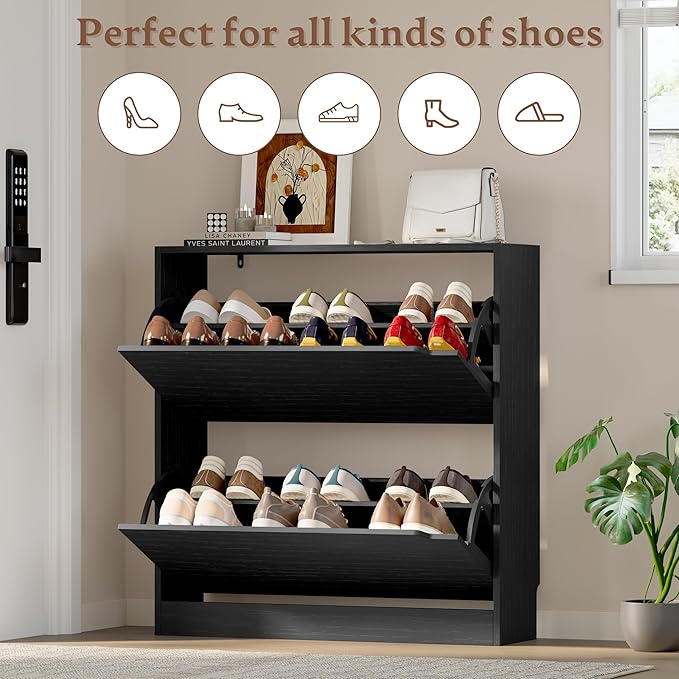 BORNOON Shoe Cabinet with 2 Flip Drawers, Slim Narrow Shoe Storage Cabinet, Freestanding Shoe Organizer with Adjustable & Removable Shelves, Top Display Shelf for Entryway, Hallway, Foyer, Closet