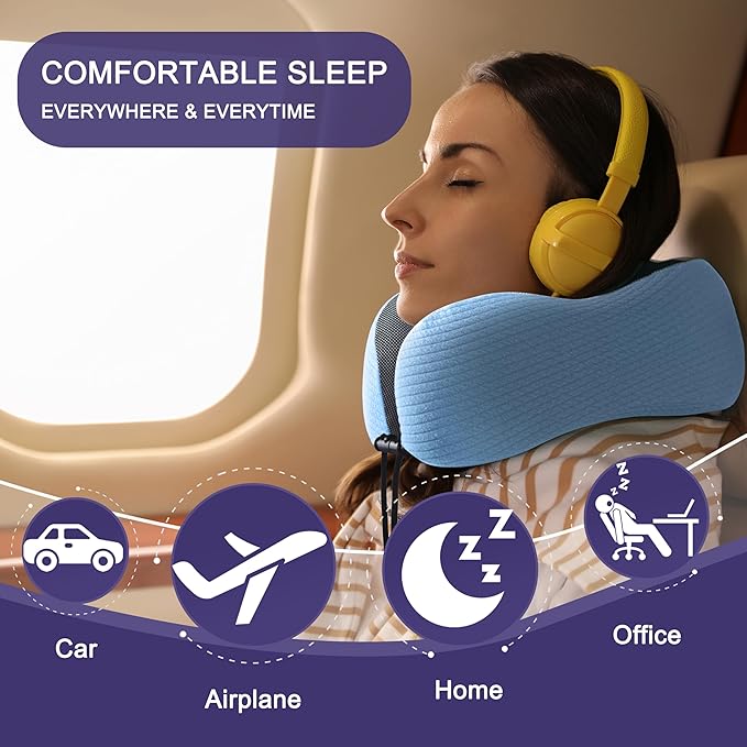 napfun Neck Pillow for Traveling, Upgraded Travel Neck Pillow for Airplane 100% Pure Memory Foam Travel Pillow for Flight Headrest Sleep, Portable Plane Accessories, Sky Blue