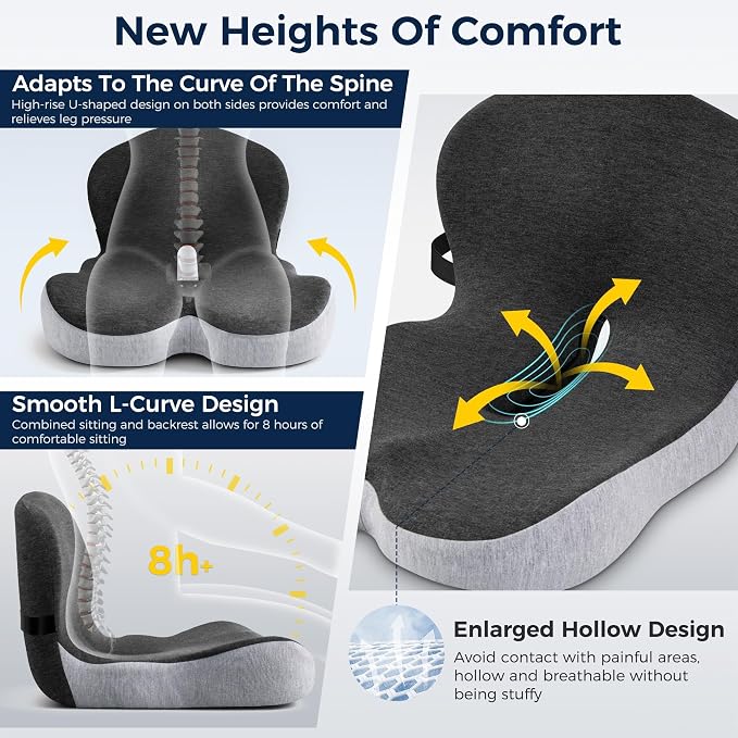 Seat Cushion, Office Chair Cushions for Tailbone Relief, Seat Cushions for Office Chair with L-Shaped Ergonomic Design & Adjustable Strap, Memory Foam Chair Cushion for Long Sitting Worker(Black Gray)