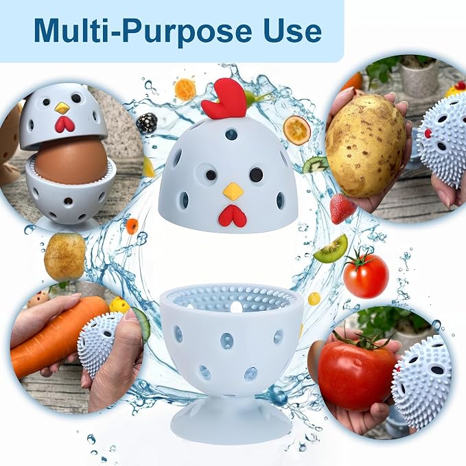 Egg Washer for Fresh Eggs, Egg Scrubber for Fresh Eggs, 2 Reusable Silicone Chicken Shaped Scrubs, Chicken Egg Cleaner, Eggshell Cleaner for Poultry Farm, Housewife Tools Vegetable Processing (Blue)