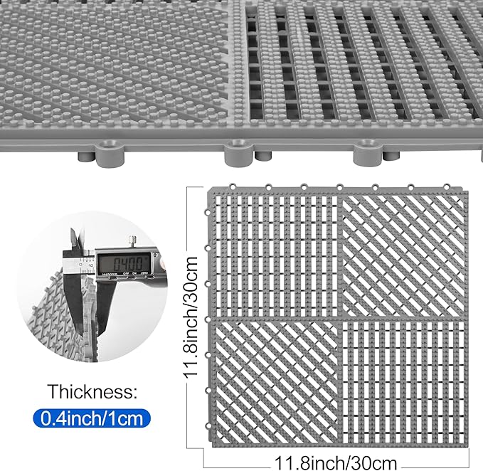 ToLanbbt Modular Interlocking Cushion 12P 11.8" x 11.8" Interlocking Rubber Floor Drain Holes Non-Slip Splicing Drainage Mats for Deck, Shower, Kitchen, Drain Pool, Sauna Bath (Grey, 2 Rows Dots)