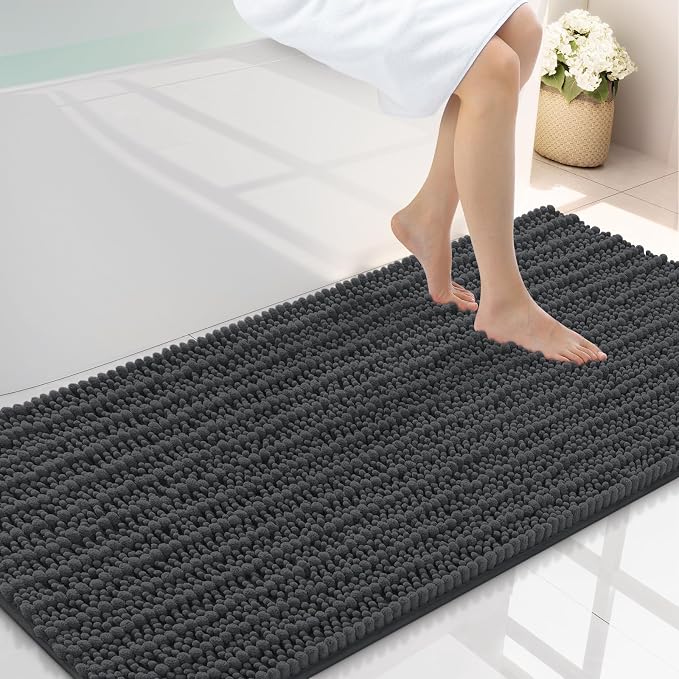 Smiry Bathroom Rugs Mat 47x24, Extra Soft Absorbent Chenille Bath Rugs, Non Slip Rubber Backing Machine Washable Quick Dry Bath Mats for Bathroom Floor, Tub, Shower, Home Decor Accessories, Dark Grey