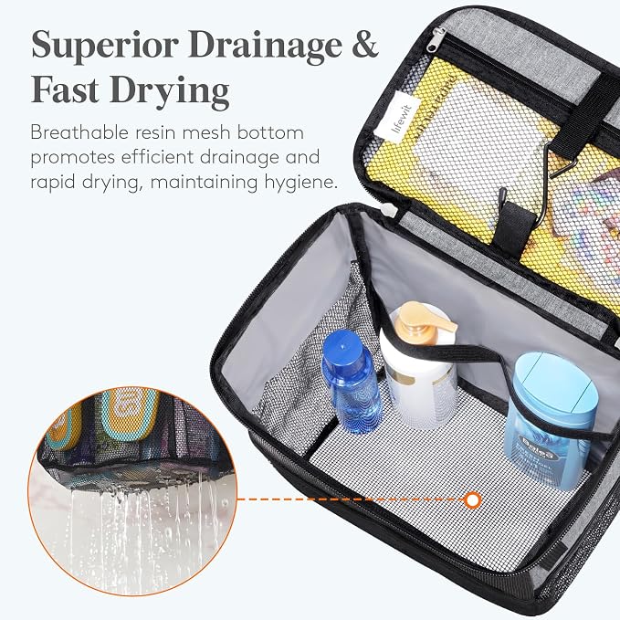 Lifewit Shower Caddy Portable, Toiletry Bag with Handle and 3 Mesh Pockets, Quick Dry Hanging Organizer for Bathroom, Gym, Travel, Camping, College Dorm Room Essentials for Women Men, Grey