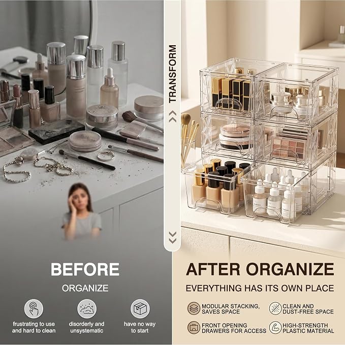 Stackable Storage Drawers, 4.4in Small Bathroom Organizers and Storage Boxes, Simply Assembled Box Containers for Medicine, Cosmetics, , Kitchen, Snack(6 Pack)