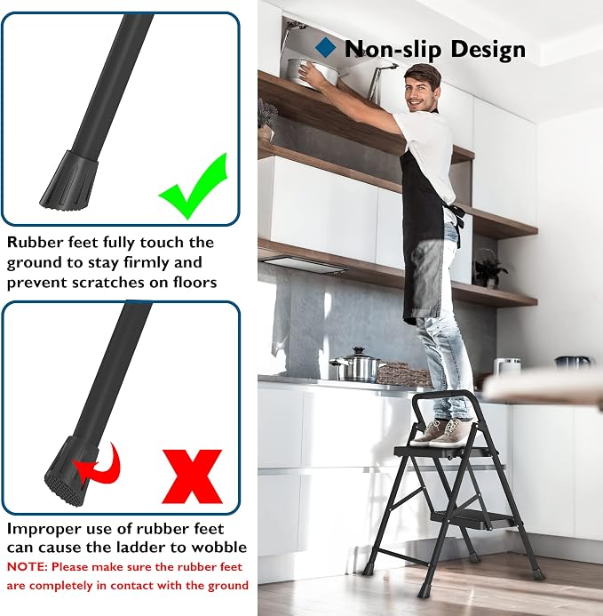 BONTEC 2-Step Ladder, Folding Step Stool, 600lbs Max Load Capacity, Sturdy Steel, Non-Slip Pedals, Lightweight, Portable Steel Ladder with Convenient Handrail, Safety Design for Home & Work, Black
