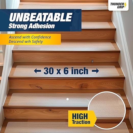 Clear Stair Treads Non-Slip 30"x6" - 15-Pack Indoor Stair Grips Non Slip for Wooden Steps - Anti Slip Adhesive Strips for Dogs & Elderly - Staircase Step Treads - Transparent Treads for Wood Stairs