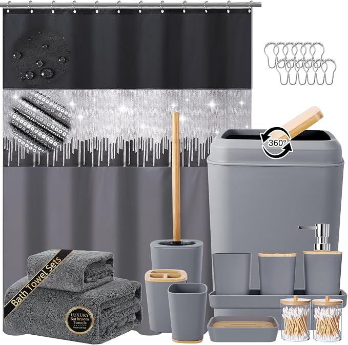 Bathroom Accessory Set – Bathroom Set with Glitter Shower Curtain, Towel Set,24 Piece Grey Shower Curtain, Bathroom Accessories Set with Shower Curtain Set for Home Decor