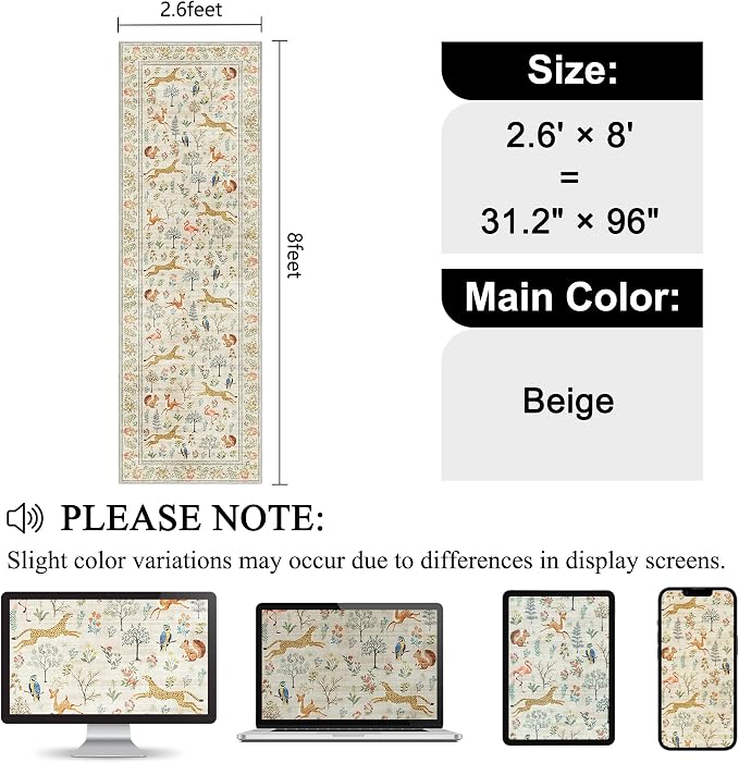 DUKINO 2.6x8 Rug for Hallway, Washable Kitchen Runner Rug with Non Slip Backing, Soft Low Pile Vintage Animal Runner for Bedroom, Kitchen, Hallway, Entryway, Laundry, Beige