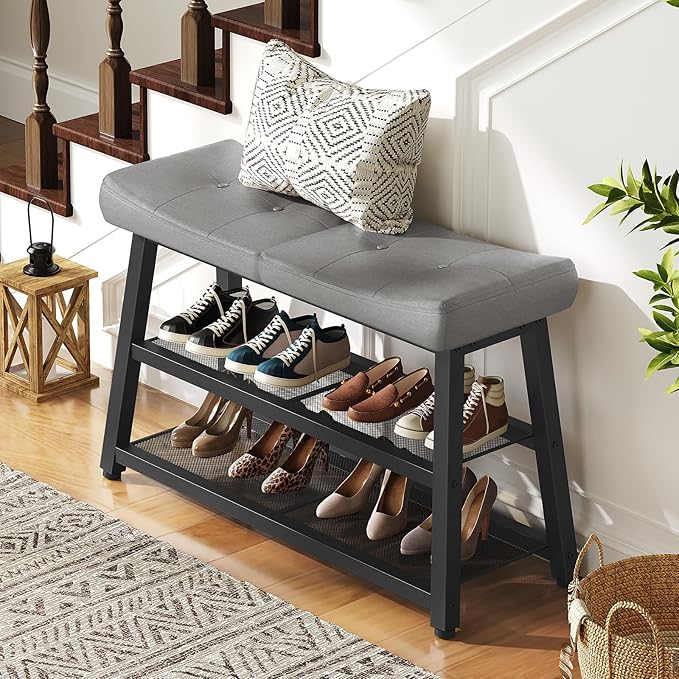 YATINEY Shoe Bench, 3-Tier Shoe Rack, Entryway Bench with Storage and Cushion, for Hallway, Foyer, Bedroom, Gray and Black HX02BG