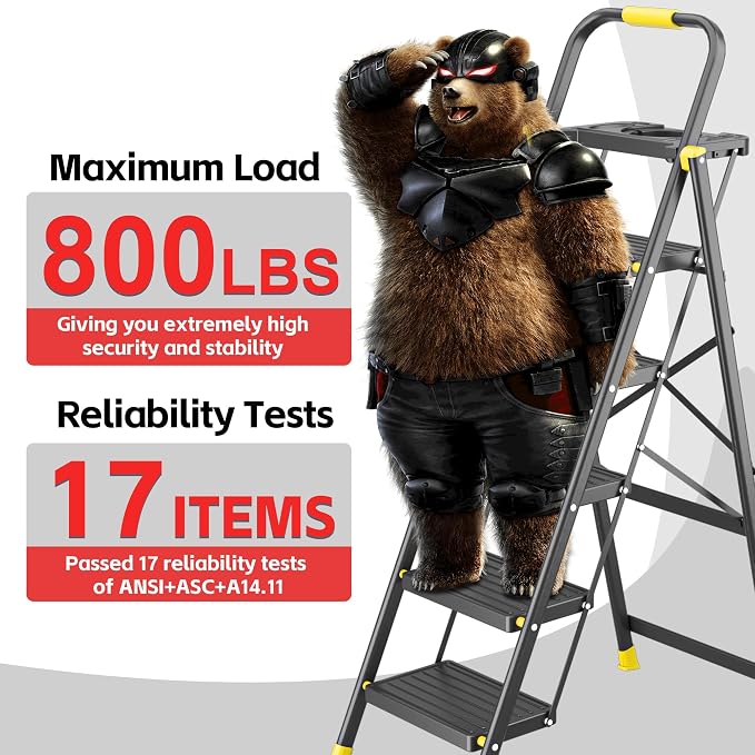 5 Step Foldable Step Ladder with Mutifunctional Tool Tray, Platform Ladders Stepstools, Step Stool 5 Step Folding with Non-Slip Pedals, 800lbs Bearing Capacity for Adults, Home, Kitchen, Black Yellow