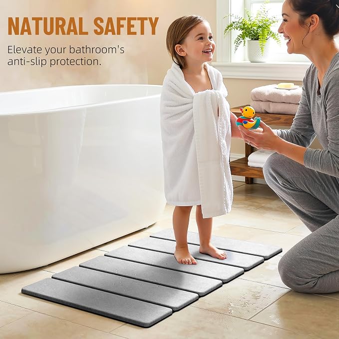 Luxspire Stone Bath Mat Foldable, Quick Drying Diatomaceous Earth Bath Mat for Bathroom, Large Bathroom Rug with Non-Slip Rubber Base, Stone Drying Mat for Kitchen Counter, 24 x 16 in, Light Gray