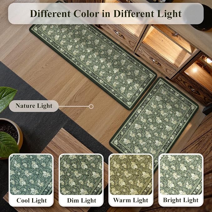 KIMODE Anti Fatigue Mats for Kitchen Floor Non Slip,Boho Floral Rugs Sets of 2,Cushioned Padded Carpet for Laundry Sink,Memory Foam Comfort Standing Mat for Office,Black 17"x29.5"+17" x47”