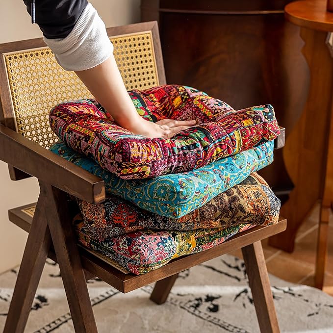 vctops Boho Chair Cushions with Ties Patchwork U-Shaped Soft Cozy Cotton Linen Chair Pads Non Slip Seat Cushions for Indoor Dining Room and Kitchen Chairs (Tan,18"x18")