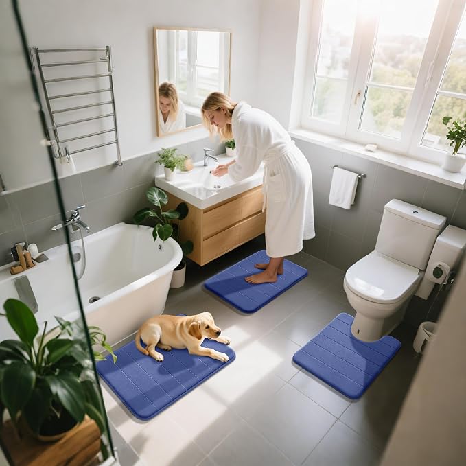 Yimobra Memory Foam Bath Mat Set 3 Pieces- Super Soft Absorbent Quick Dry Bathroom Rug Sets, Machine Washable Non Slip Floor Carpet for Tub Shower, Vanity & Toilet Base, Navy Blue