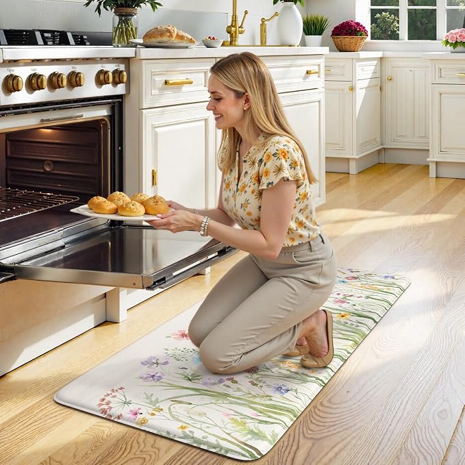 KIMODE Anti Fatigue Mats for Kitchen Floor, 20"x39" White Floral Kitchen Rug, Cushioned Kitchen Floor Mat Non Slip, Memory Foam Standing Mat for Sink Laundry Office Desk