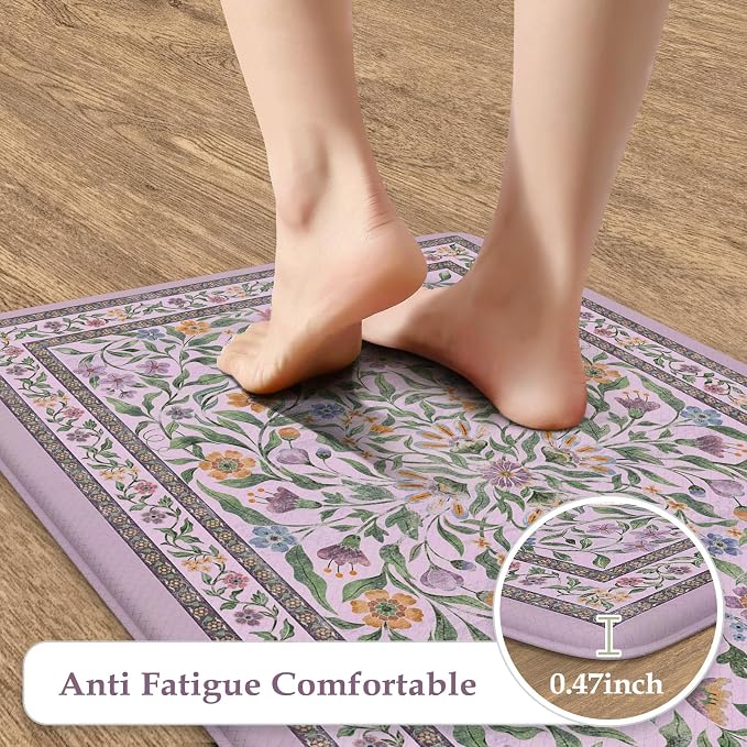 KIMODE Anti Fatigue Kitchen Mats 20"x47"+20"x32", Boho Flora Kitchen Rugs Sets of 2, Cushioned Non Skid Kitchen Mats for Floor, Comfort Kitchen Floor Mats for Sink Laundry Desk Purple
