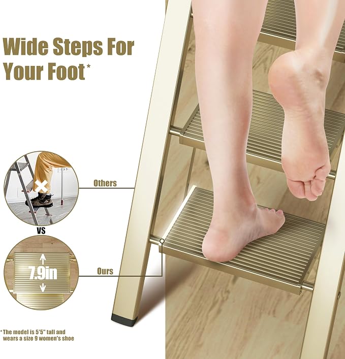 SOLADDER 6 Step Ladder, Folding Step Stool with Handgrip and Anti-Slip Wide Pedal, Portable Lightweight Aluminum Stepladder for Kitchen, Home, Library, Office (300 lbs Capacity) - Gold