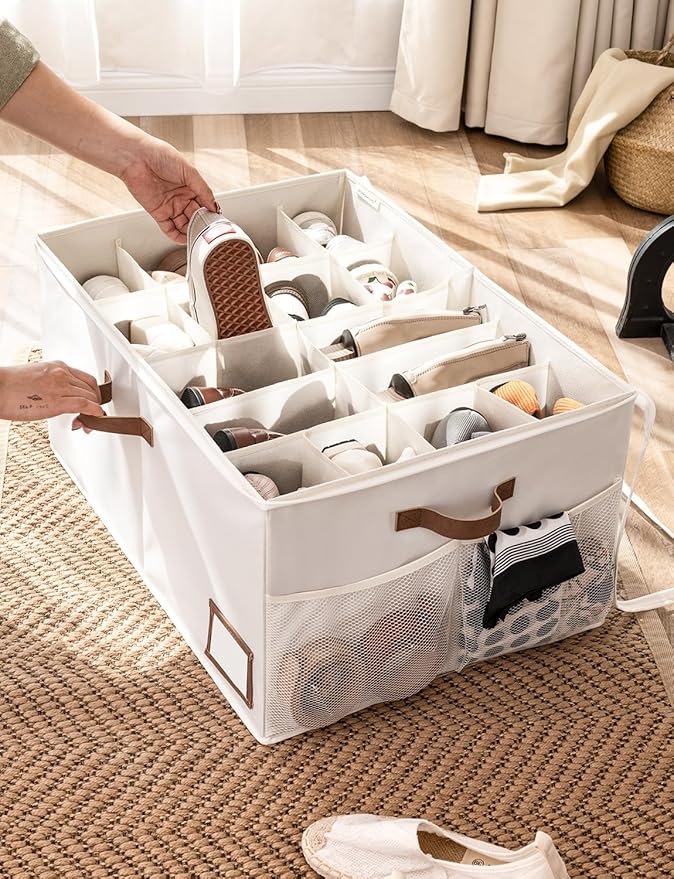 StorageWorks Shoe Organizer for Closet, Shoe Storage with Side Mesh Pocket, Shoe Cubby With Clear Cover, Storage Shoe Containers for Sneakers and Sandals, Fits up to 20 Pairs, Beige