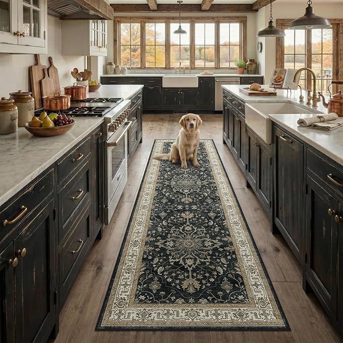 RELEANY Area Rugs Runner 2'x8' Washable Non-Slip, Floral Vintage Distress Medallion Carpet for Kitchen Hallway Bedroom Beside Laundry Room Bathroom, Vintage Black Brown Neutral