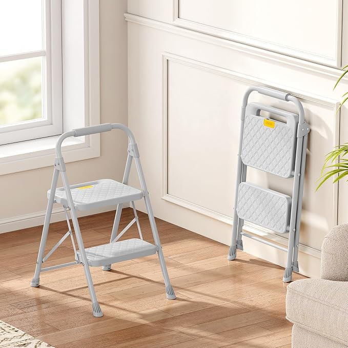 KINGRACK 2 Step Ladder, Folding Step Stool with Safety Lock & Sturdy Anti-Slip Pedals, Pass 800lbs Load Testing, Lightwegiht, Portable Steel Ladder with Handrails for Home, Kitchen, Garage, Office