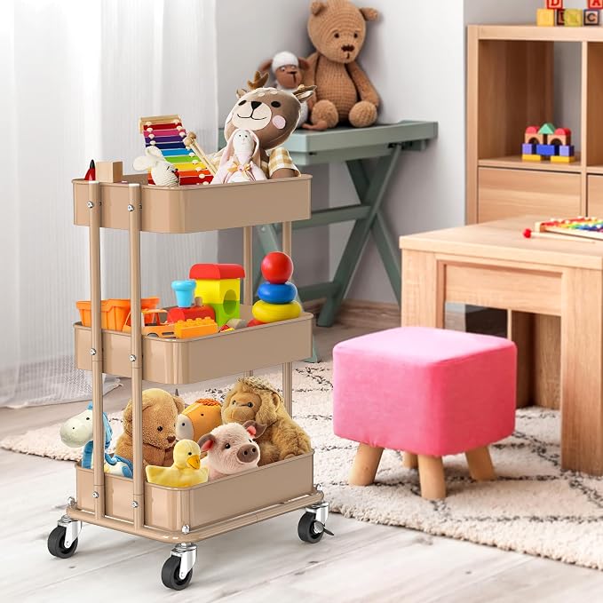 Simple Houseware 3-Tier Compact Utility Rolling Cart, Low 24” Height Fits Under Desk, Space-Saving Storage for Home Office, Dining Room, or Kitchen, Khaki