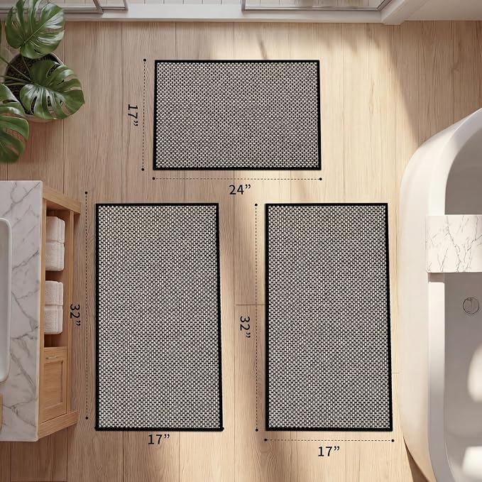 YIHOUSE Thin Bath Mat Black Bathroom Rugs Sets 3 Pieces, Non Slip Absorbent Bath Mats Quick Dry, Woven Braided Rugs Washable,Tapetes para Baño for Bathroom,Bathtub(17"x24"+17"x32"+17"x32")