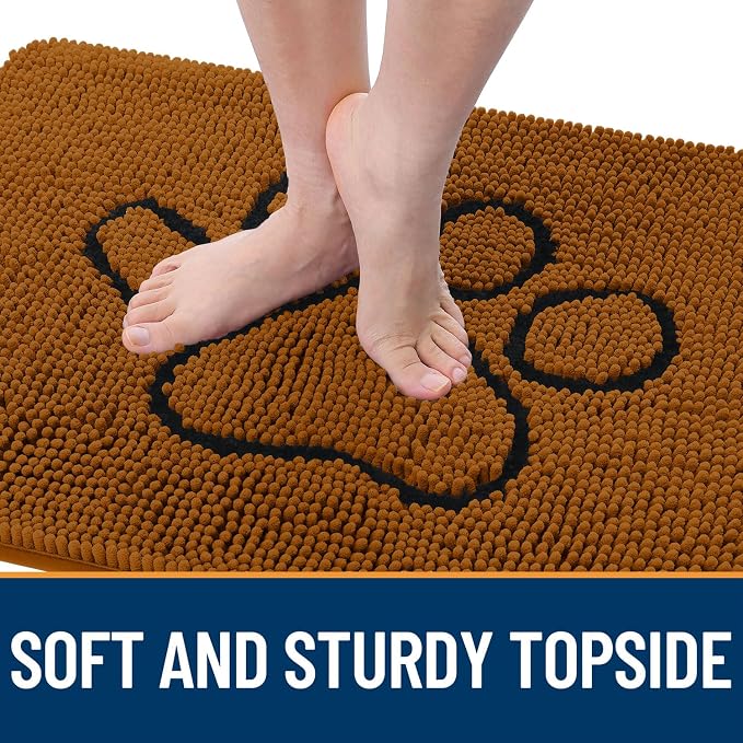 OLANLY Dog Door Mat for Muddy Paws 30x20, Paw Print Design, Absorbs Moisture and Dirt, Absorbent Non-Slip Washable Doormat, Quick Dry Chenille Mud Mat for Dogs, Entry Indoor Entryway Carpet, Ochre