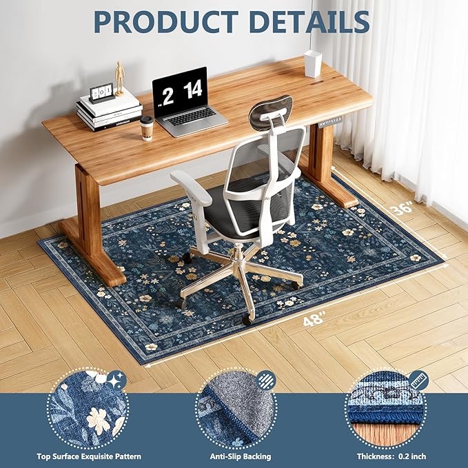 Office Chair Mat for Hardwood Floor & Tile Floor,36"X 48" Heavy Duty Desk Chair Mat for Hard Floors, Under Desk Rug for Rolling Computer Chair,Anti Slip,Low Pile Carpet Floor-Dark Blue Floral Print