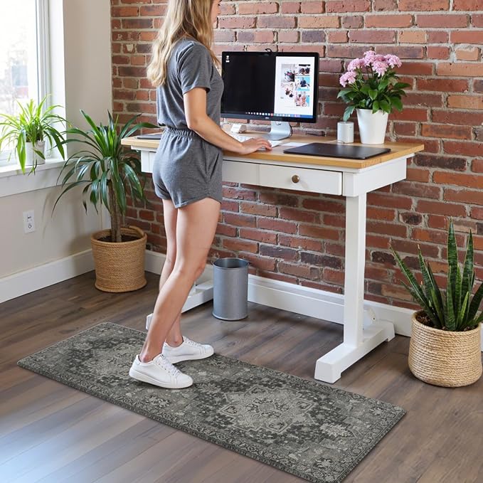 GENIMO Kitchen Mats for Floor 2PCs, Washable Anti Fatigue Mat for Cushioned, 17.3"x59"+17.3"x30", Waterproof Kitchen Rugs, Non Slip Comfort Standing Mat Rug for Home, Sink, Laundry, Dark Gray