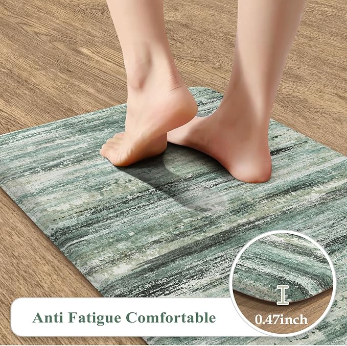 KIMODE Anti Fatigue Kitchen Mats for Floor 20"x47"+20"x32", Cushioned Abstract Kitchen Rugs Sets of 2, Padded Kitchen Floor Mats, Comfort Standing Mats for Laundry Office Sink Desk Green