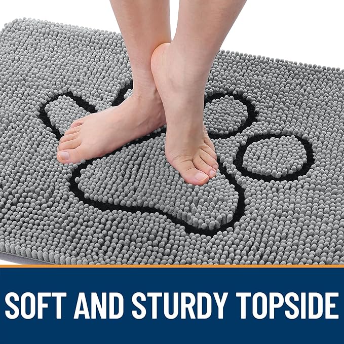 OLANLY Dog Door Mat for Muddy Paws 40x24, Paw Print Design, Absorbs Moisture and Dirt, Absorbent Non-Slip Washable Doormat, Quick Dry Chenille Mud Mat for Dogs, Entry Indoor Entryway Carpet, Grey
