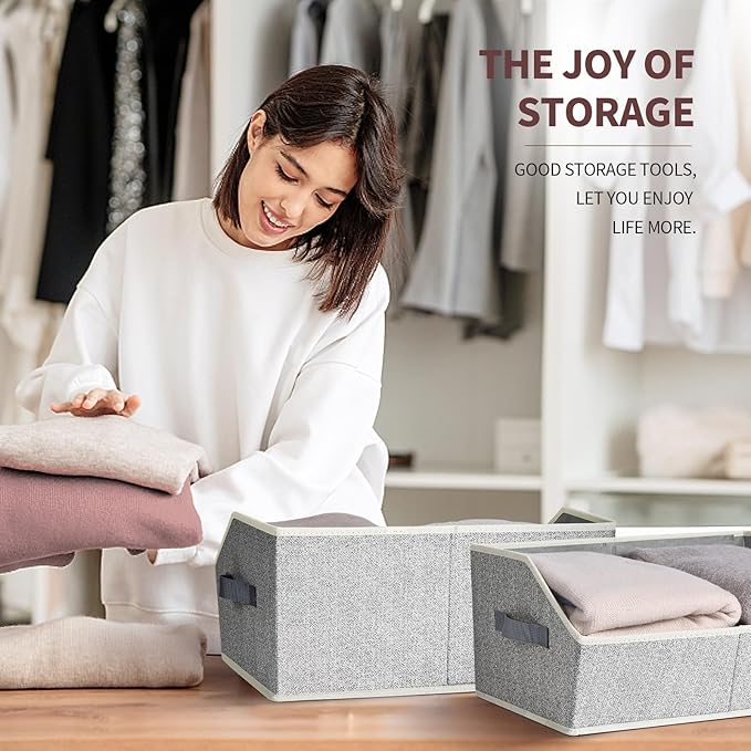 Homsorout Closet Baskets for Shelves Trapezoid - Decorative Storage Baskets with Handle, Closet Bins for Organization, Shelf Storage Bins for Clothes, Books, Home, Office, 10 Pack, Light Gray