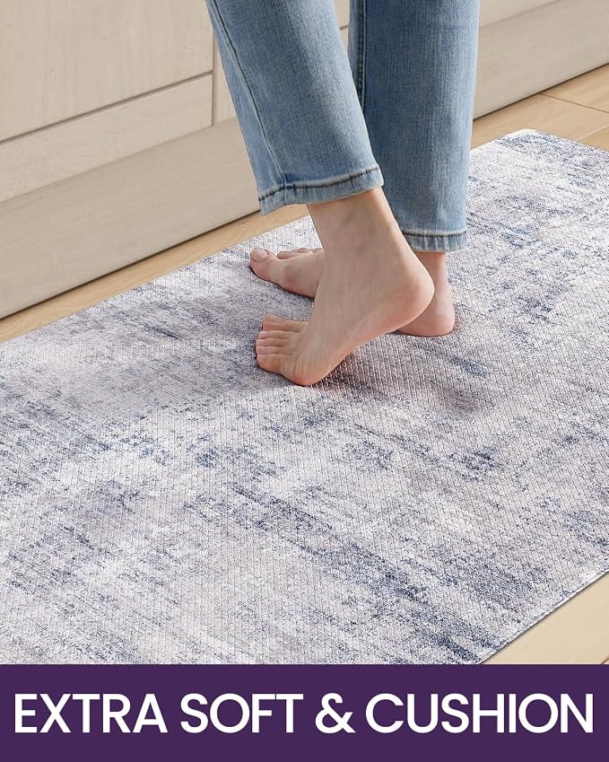 DEXI Kitchen Mats Cushioned Anti Fatigue, 23x86 Floor Padded Runner Rug Non Slip, Waterproof Standing Comfort Memory Foam for Front Sink Laundry, Blue