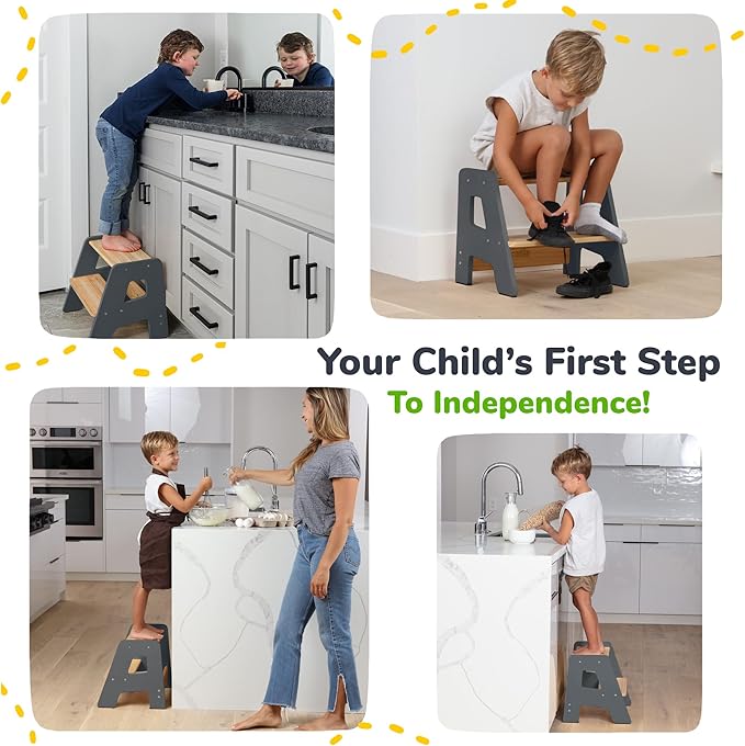 OCODILE 2-Step Wooden Step Stool for Toddlers | Kids Stool for Bathroom Sink & Kitchen Use | Non-Slip Step | Wooden Stool for Children Ages 2+ Years Gray