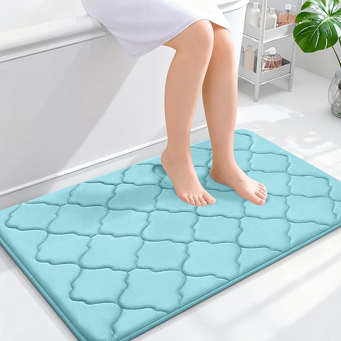 OLANLY Memory Foam Bath Mat Rug 36x24, Ultra Soft and Absorbent Bathroom Rugs, Non-Slip, Comfortable, Machine Washable Bath Carpet for Bathroom Floor, Tub, Shower and Home Decor Accessories, Sky Blue