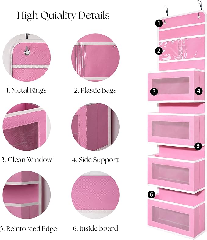 Giraffe Creation Pink Over Door Organizer with 4 Large Clear Pockets, Hanging Door Storage for Nursery, Bedroom, Bathroom, Closet, Toys, Diapers, Cosmetics, Baby Essentials