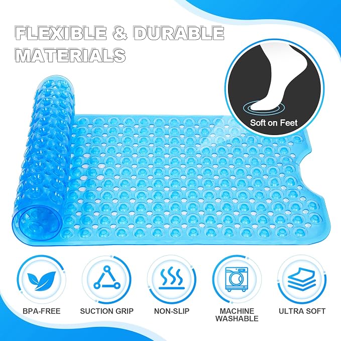 Bathtub and Shower Mats, 40x16 Inch Extra Large Non Slip Soft Bath Tub Mat with Suction Cups and Drain Holes for Bathroom Floor, Machine Washable, Clear Blue