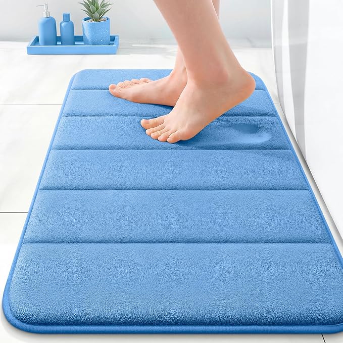 OLANLY Memory Foam Bath Mat 35x16, Super Soft Absorbent Bathroom Rugs, Quick Dry, Machine Washable Shower Floor Rugs, Bathmat Carpet, Bathroom Home Decor Accessories, Cornflower Blue