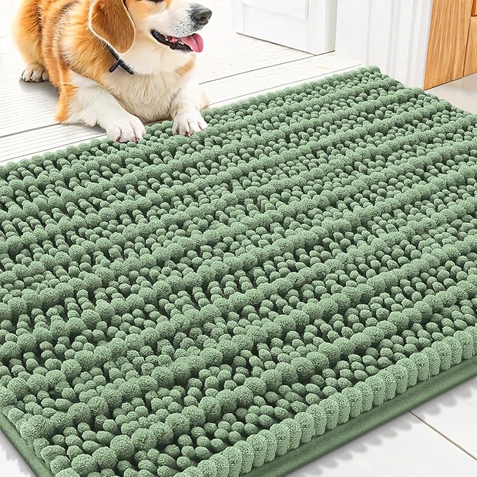 Smiry Dog Door Mat for Muddy Paws 30x20, Absorbent Dirt Trapper, Non-Slip Washable Chenille Entryway Rug for Inside Floor, Olive Green, Layered Pattern