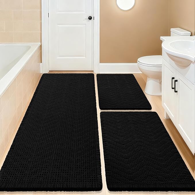 IM HOME Upgrade Waffle Bath Mat Set 3 Piece, Boho Bathroom Rugs Absorbent Non Slip, Ultra Soft Bathroom Mat, Machine Washable Knit Bath Rugs with Herringbones for Bathroom, Bedroom, Kitchen, Black