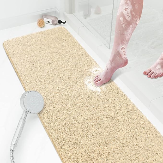 Shower Mat Bathtub Mat Non-Slip,47x16 inch, Soft Tub Mat with Drain,PVC Loofah Bath Mat (Phthalate Free) for Tub and Bathroom,Quick Drying,Khaki