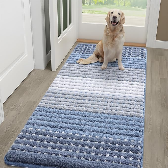 Kitinjoy Indoor Outdoor Door Mat, 59x24 Non-Slip Absorbent Dirt Trapper, Low-Profile Washable Inside Entrance Front Floor Mat, Sturdy Soft Entry Dotted Ombre Doormats for Entryway, Light Blue